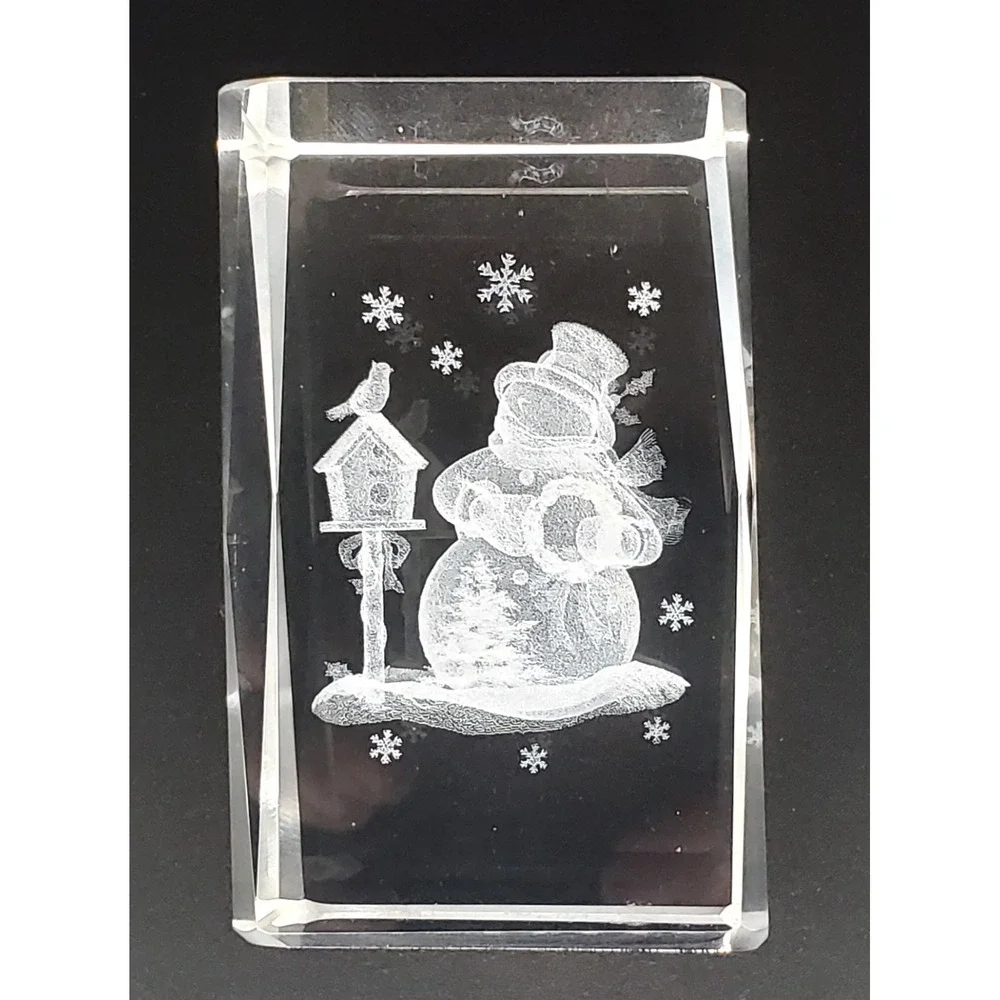 3D Laser Etched Crystal Glass Prism Snowman Paperweight Holiday -‎ Stunning